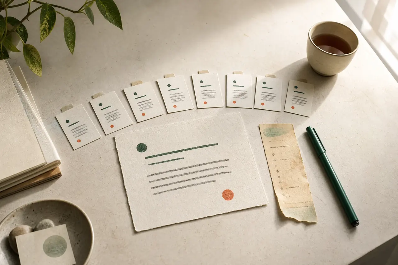 A paper-based weekly planning layout with workflow notes on a warm desk