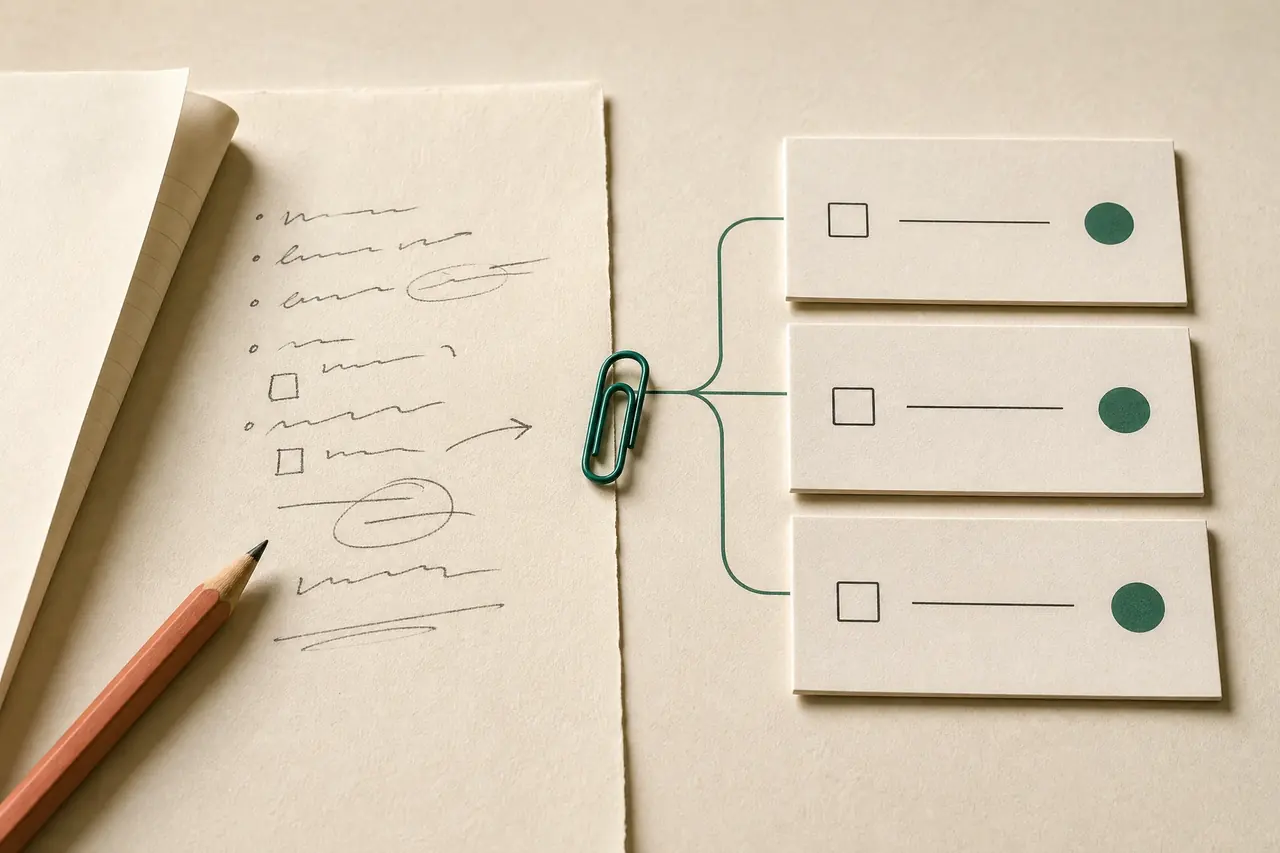 Loose meeting notes visually organized into clean action cards