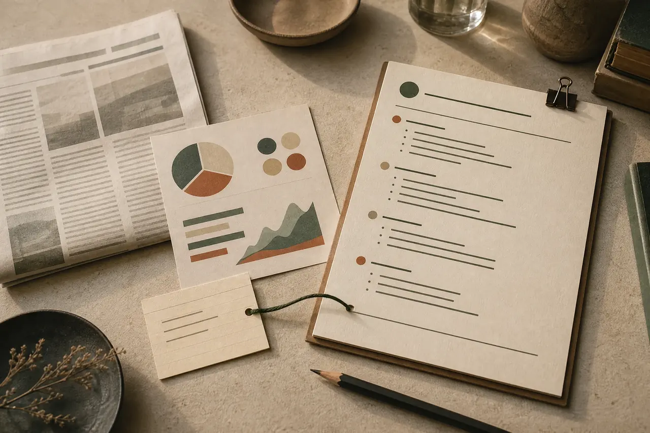 Research materials arranged around a concise paper outline on a warm desk